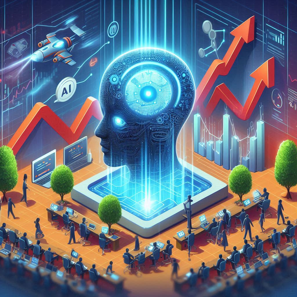 An AI-powered conference with industry experts and professionals discussing artificial intelligence innovations on a futuristic digital stage with a global audience.