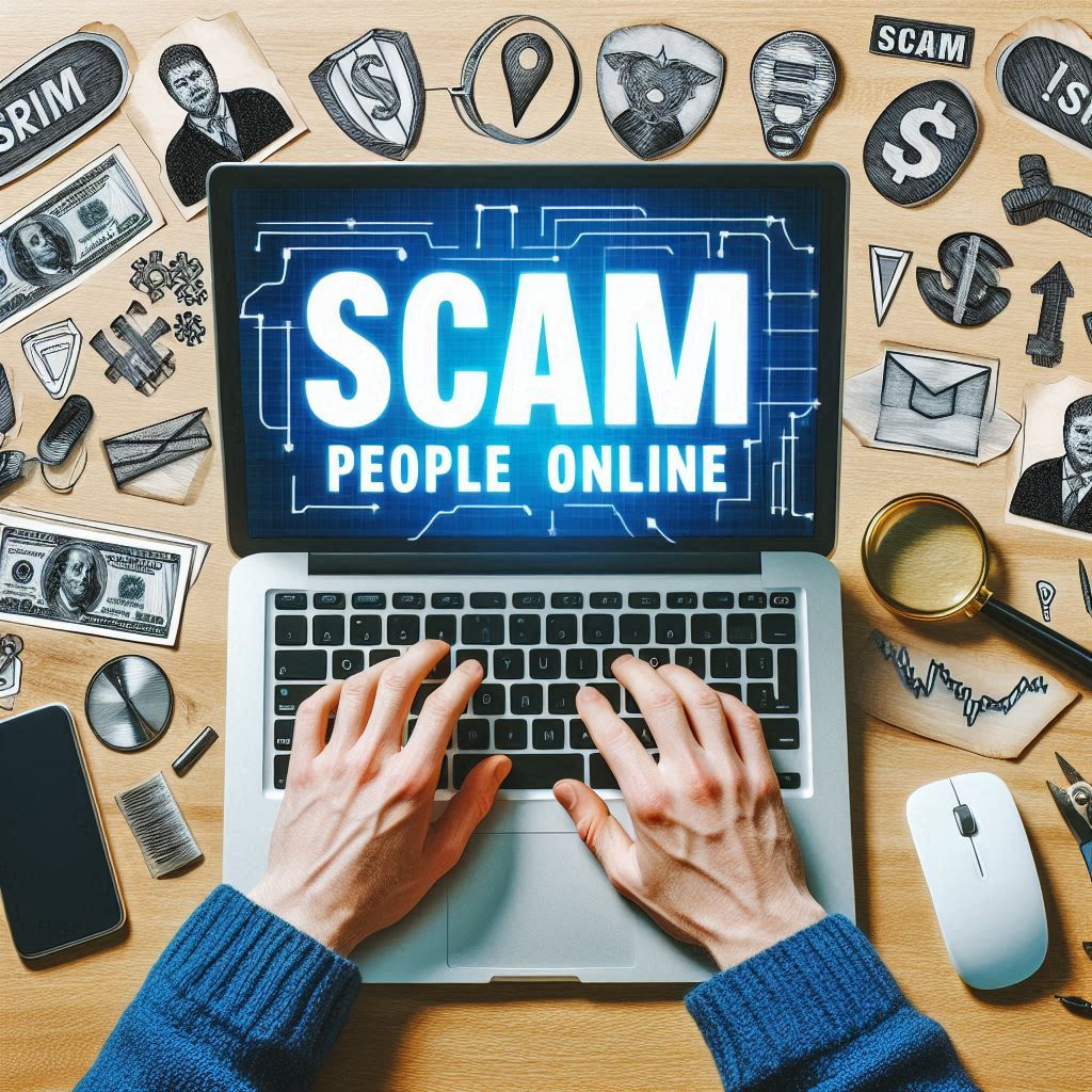 A hacker using a laptop to demonstrate online scams and cybersecurity awareness.